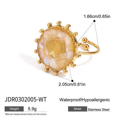 Zora Women's Boho Style Oil Drop Crushed Shell Ring 18K Gold-plated Stainless Steel Oval Starfish Open Ring waterproof Jewelry