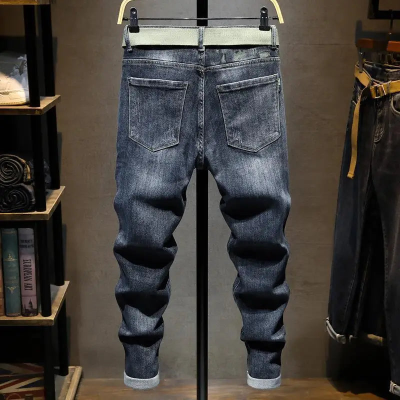 Harajuku Fashion Slim Fit Stretch Denim Jeans for Men Spring and Autumn Casual Blue Gray Water Wash Long Pants Luxury Slim Jeans
