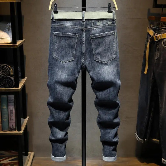 Harajuku Fashion Slim Fit Stretch Denim Jeans for Men Spring and Autumn Casual Blue Gray Water Wash Long Pants Luxury Slim Jeans