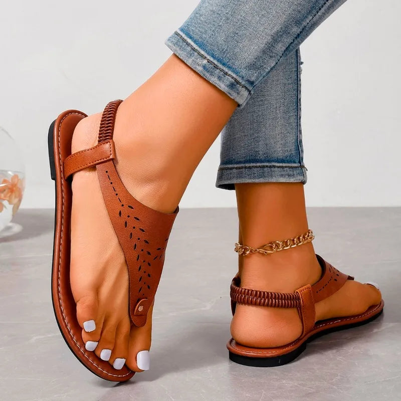 Ladies Shoes New Thong Women's Sandals Open Toe Casual Sandals Women Rivet Elastic Band Flat Heel Soft Bottom Shoes Female