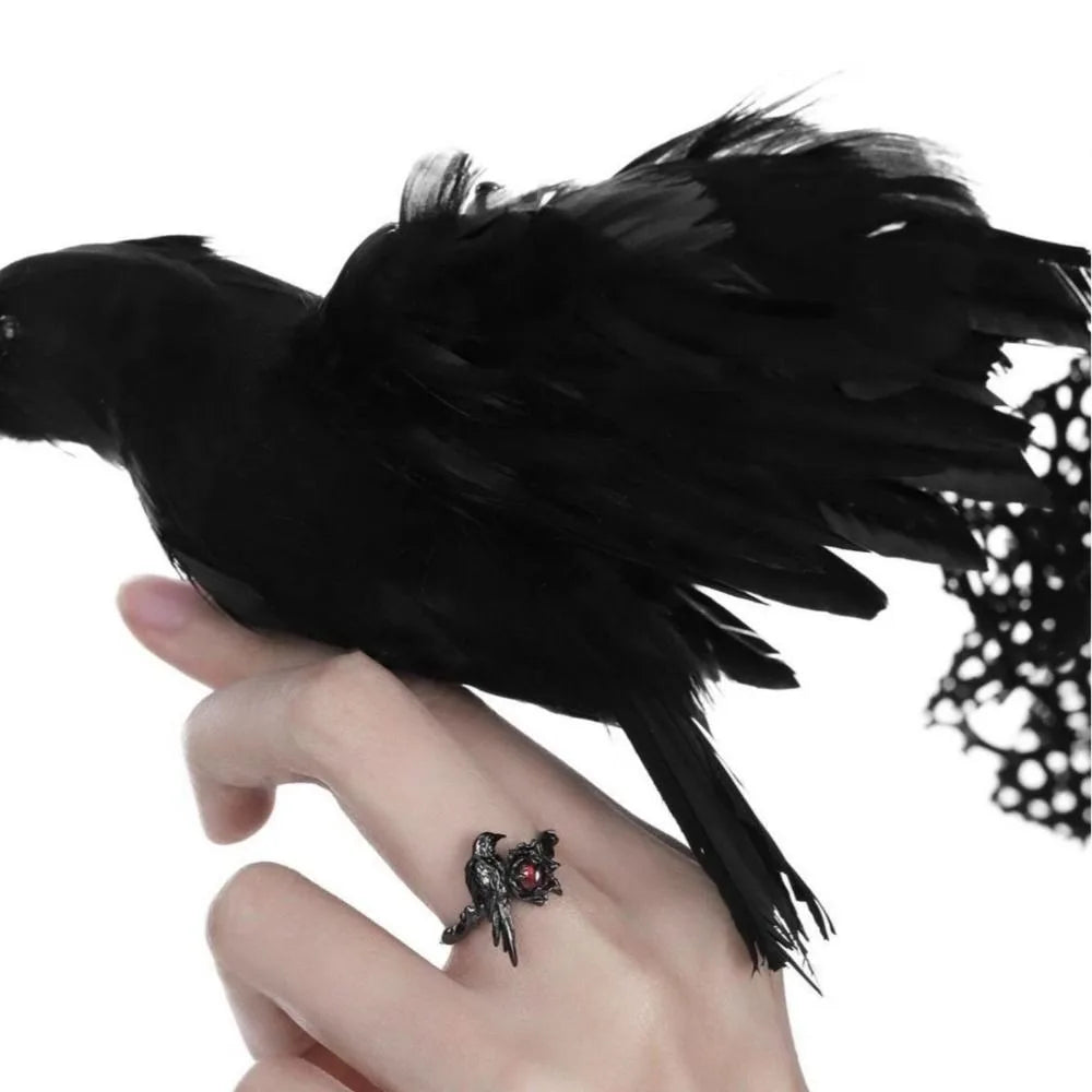 Black Raven Ring Gothic Horror Handmade Artisan Rings Promise Red Cubic Zirconia Adjustable Rings Jewelry Gift for Women Men