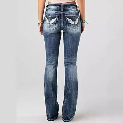 Women Embroidery Pockets Distressed Jeans Mid Waist Stretch Slim Fit Pants Vintage Denim Trousers Autumn Female Streetwear