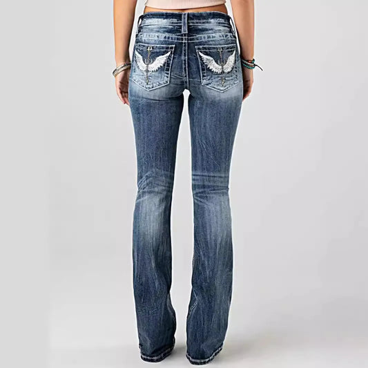 Women Embroidery Pockets Distressed Jeans Mid Waist Stretch Slim Fit Pants Vintage Denim Trousers Autumn Female Streetwear