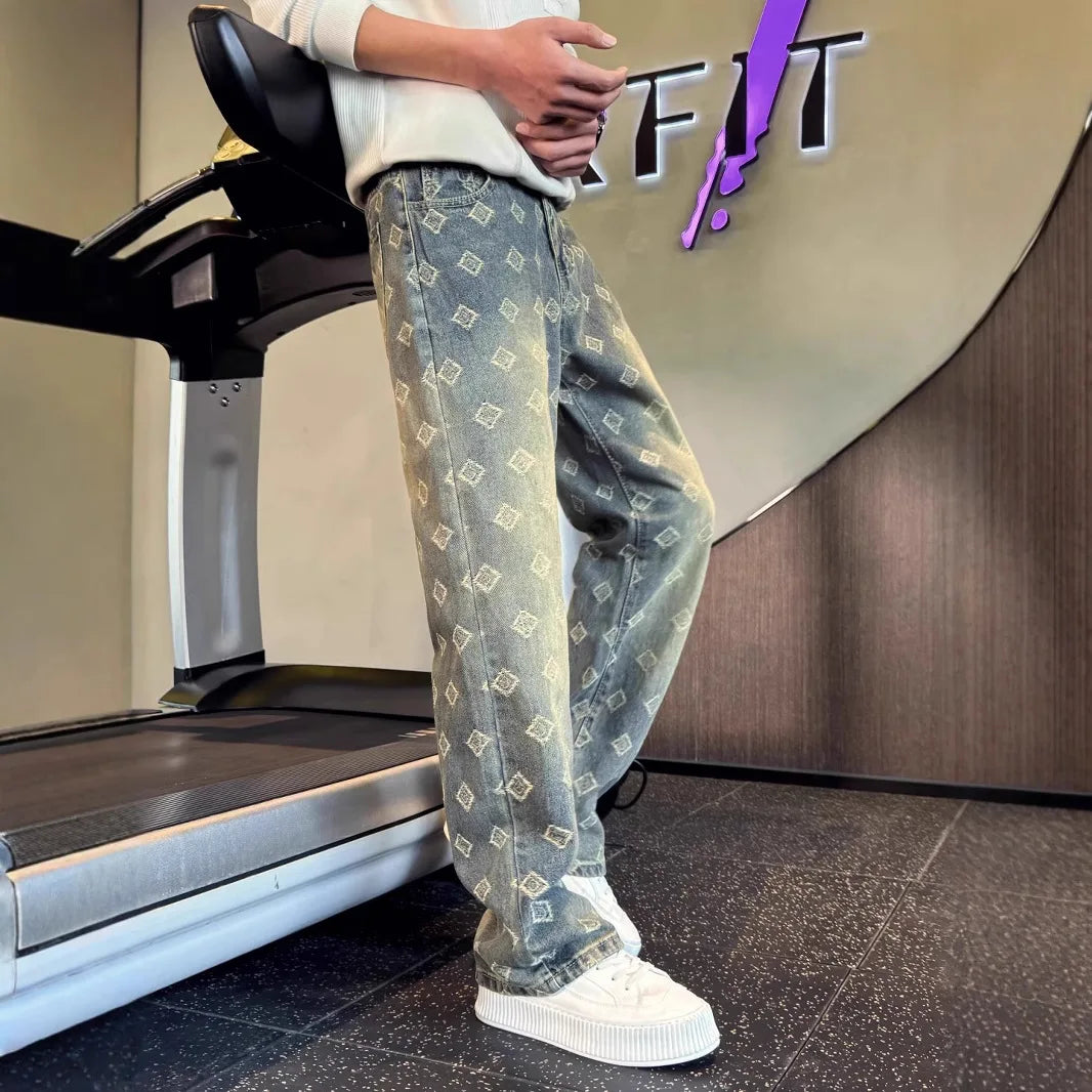 Light Blue Full Print Jacquard Jeans for Men, Niche Design, Curved Knife Pants, American High Street Vibe Straight Leg Pants