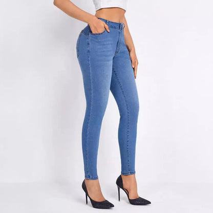 Women Clothing Skinny Solid Ankle Length Jean Washed Zipper Fly Denim Pants High Waist Jeans Spliced Casual Slim Pockets