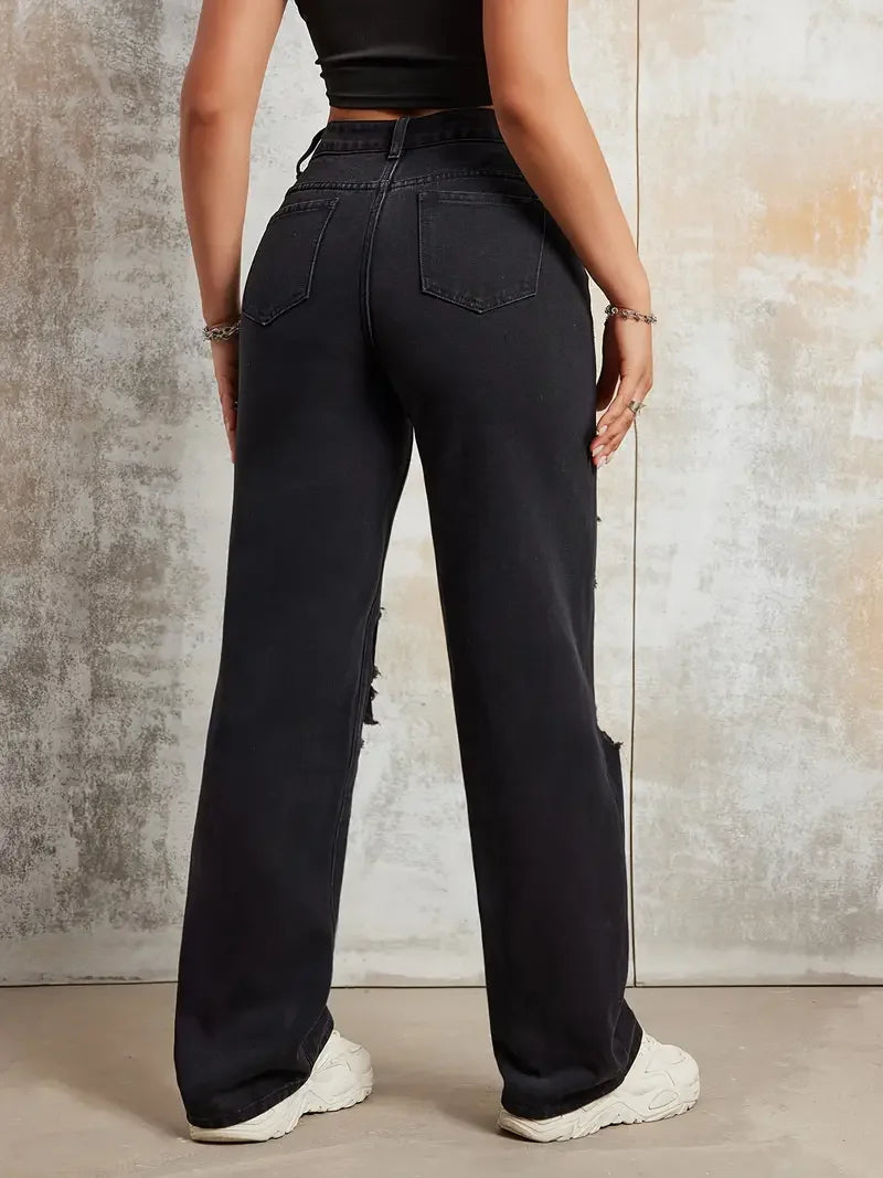 2025 New Style Women's Jeans Women's Spring And Autumn New Hot Selling Street INS Same Style Print Ripped Straight Jeans