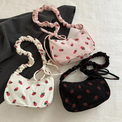 Women Small Underarm Bag Corduroy Handbag Cute Strawberry Print Little Tote Half Moon Design Eco Cloth Purse Mini Shoulder Bags