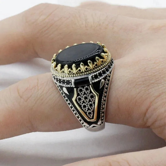 Classic Men's Open Ring Copper Vintage Two Color Elegant Personality Party Jewelry Set with Oval Hip Hop Punk Luxury