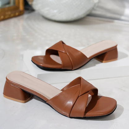 Summer New Fashion Open Toe Solid Color Simple Leather Surface Versatile Candy Color Large Slippers Square Heel Shoes Women
