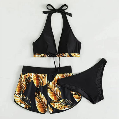 Women 2025 New Bikinis 6 Colors Sexy Halter Bikini 3 Piece Set Leafs Print High Waisted Swimsuit Beach Bathing Suit Size S-XXL