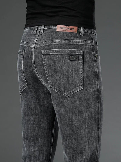 2025 New Autumn Men's Stretch Slim Jeans Straight Leg Casual Denim Trousers Male Business High Quality Classic Blue Gray Black