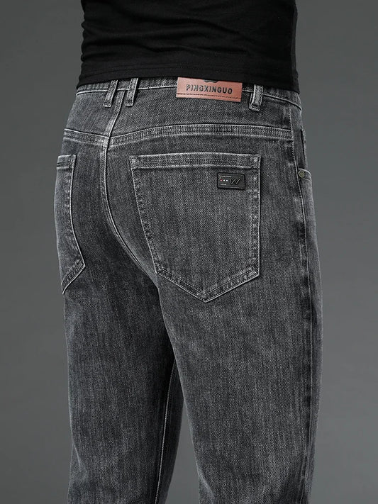 2025 New Autumn Men's Stretch Slim Jeans Straight Leg Casual Denim Trousers Male Business High Quality Classic Blue Gray Black
