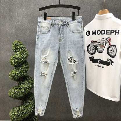 2024 New Summer Fashion Casual Slim Washed Cowboy Luxury Denim Jeans Men Solid Designer Clothes Ripped Knee Length Hem Trousers