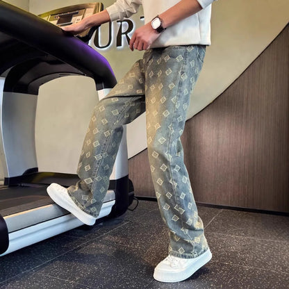 Light Blue Full Print Jacquard Jeans for Men, Niche Design, Curved Knife Pants, American High Street Vibe Straight Leg Pants