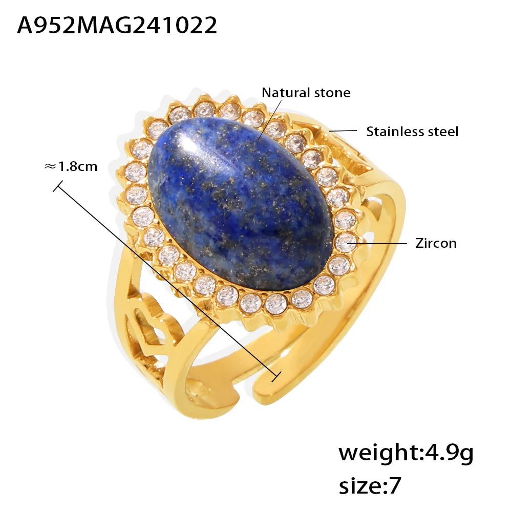 Oval Blue Red Stone Ziron Stainless Steel Rings For Women Gold Plated Waterproof Adjustable Ring Charm Luxury Jewelry