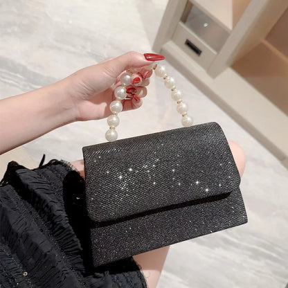 Pearl Chain Shoulder Bags Luxury Purse Gold Bright Silk Evening Bag Women Elegant Fashion Banquet Clutch Female Handbag bolsa