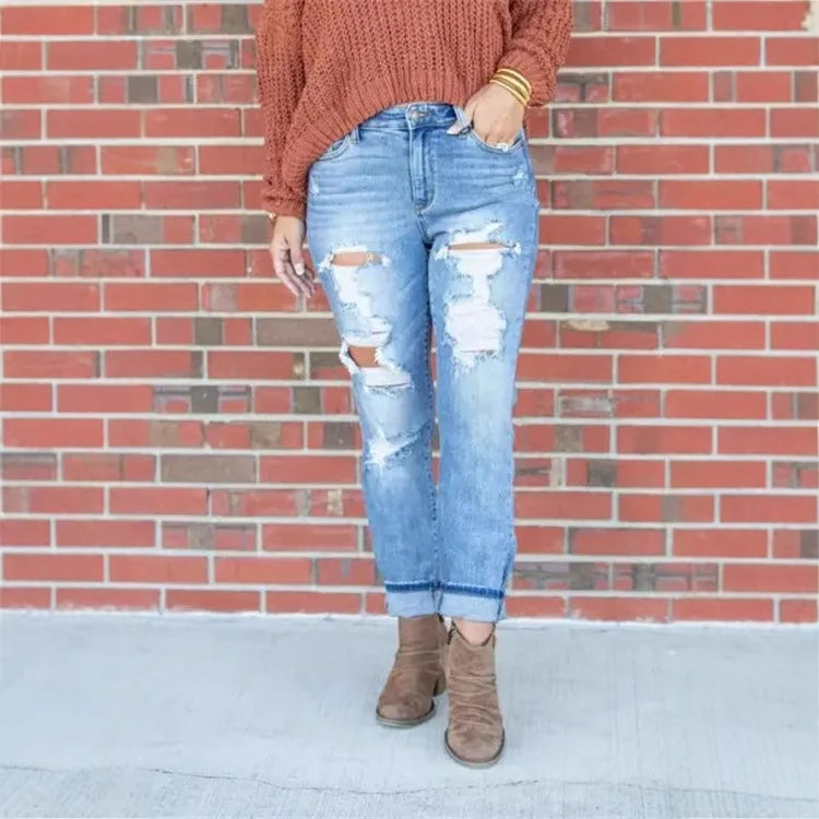 2025 New Fashionable Washed Ripped Nine-inch Jeans, Women's Spring and Summer Personality Street Mid-waisted Small-leg Jeans