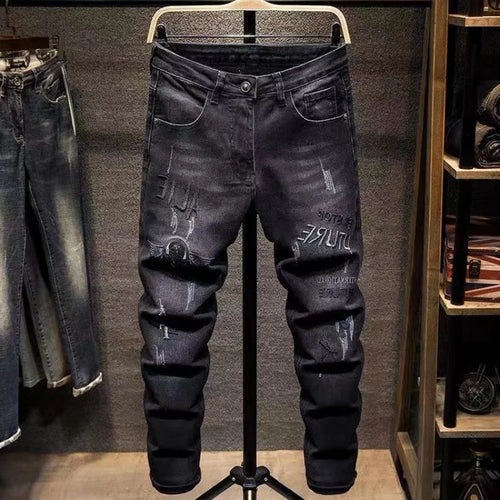 Spring Cargo Long Korean Fashion Men Black Denim New Straight Cargos Stylish Conical Boyfriend Embroidery Slim Pencil Pants