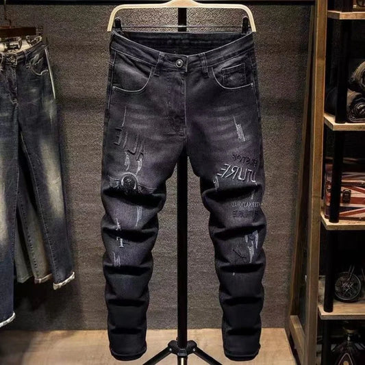 Spring Cargo Long Korean Fashion Men Black Denim New Straight Cargos Stylish Conical Boyfriend Embroidery Slim Pencil Pants