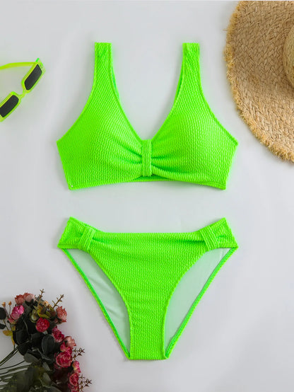 Summer New Women's 2 Piece Swimsuit Solid Color High Waist Bikini Set V-neck Backless Beach Vacation Bathing Suit Swimwear