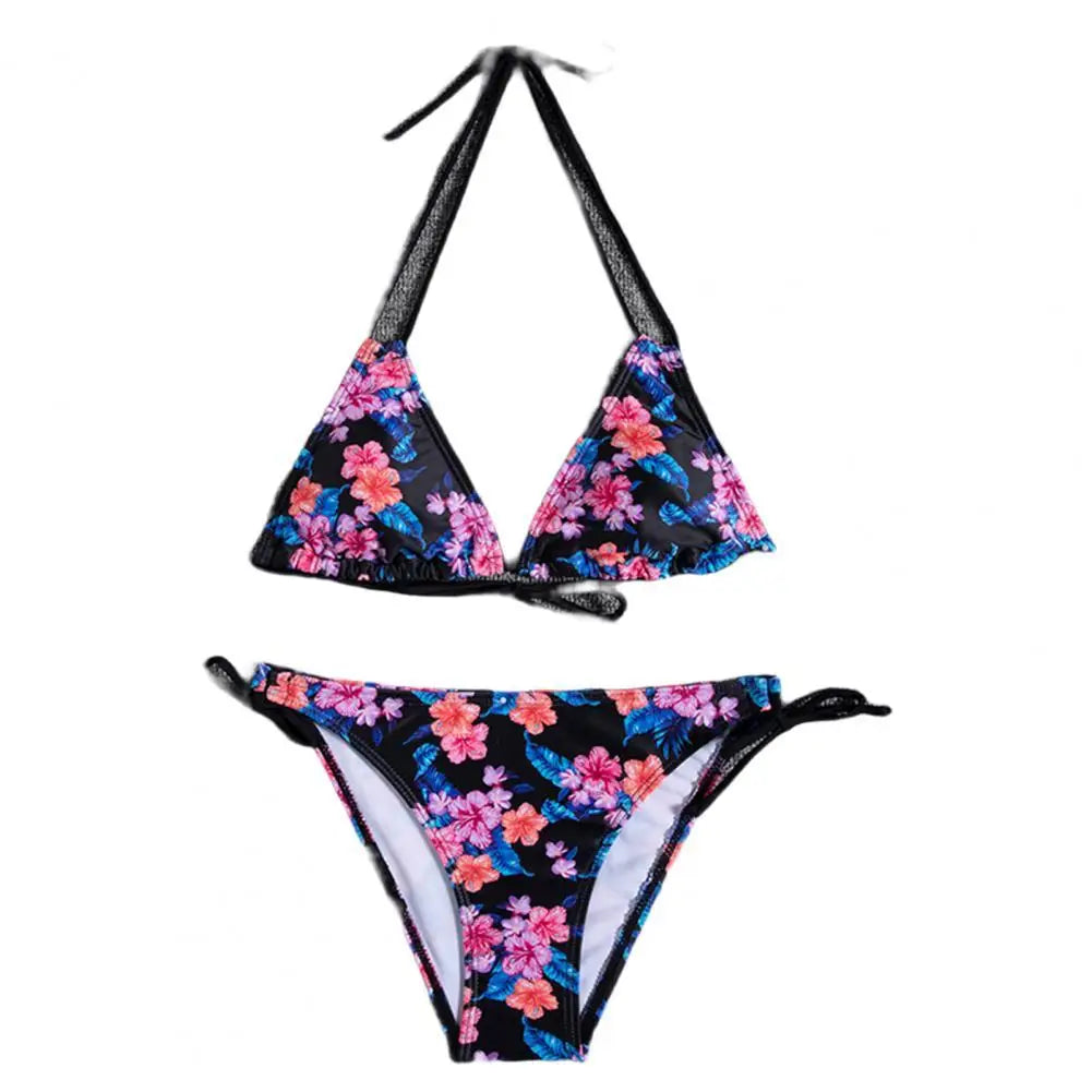 1 Set  Women Swimsuit  Padded  Three-point  Stretchy  Beautiful Floral Print Bikini Set  for Swimming Pool