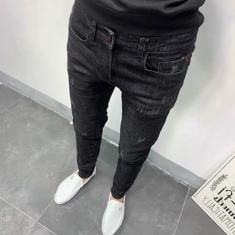 Spring Autumn 2024 Kpop Fashion Men's Denim Jeans Casual Slim Long Pants Korean Solid Black Boyfriend Designer Luxury Jeans