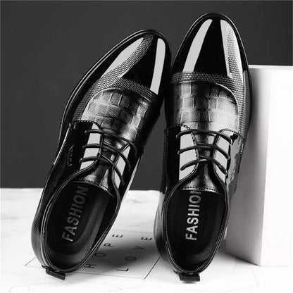 Mens Dress Shoes Formal Business Oxford Block Patent Leather Lace-up Comfortable Pointed Shoes For Men