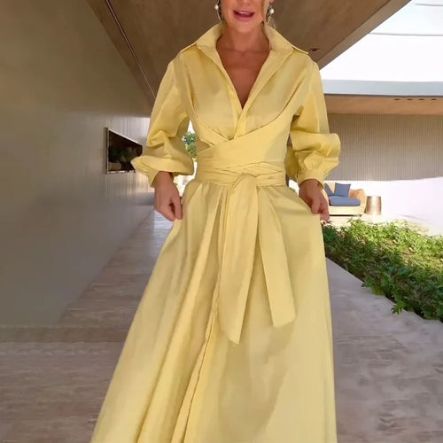 Summer New Women's Casual Long Sleeve Pure Color Slimming Dress Shirt Empire Waist Ankle Length Polo Collar Cross-Border Fashion