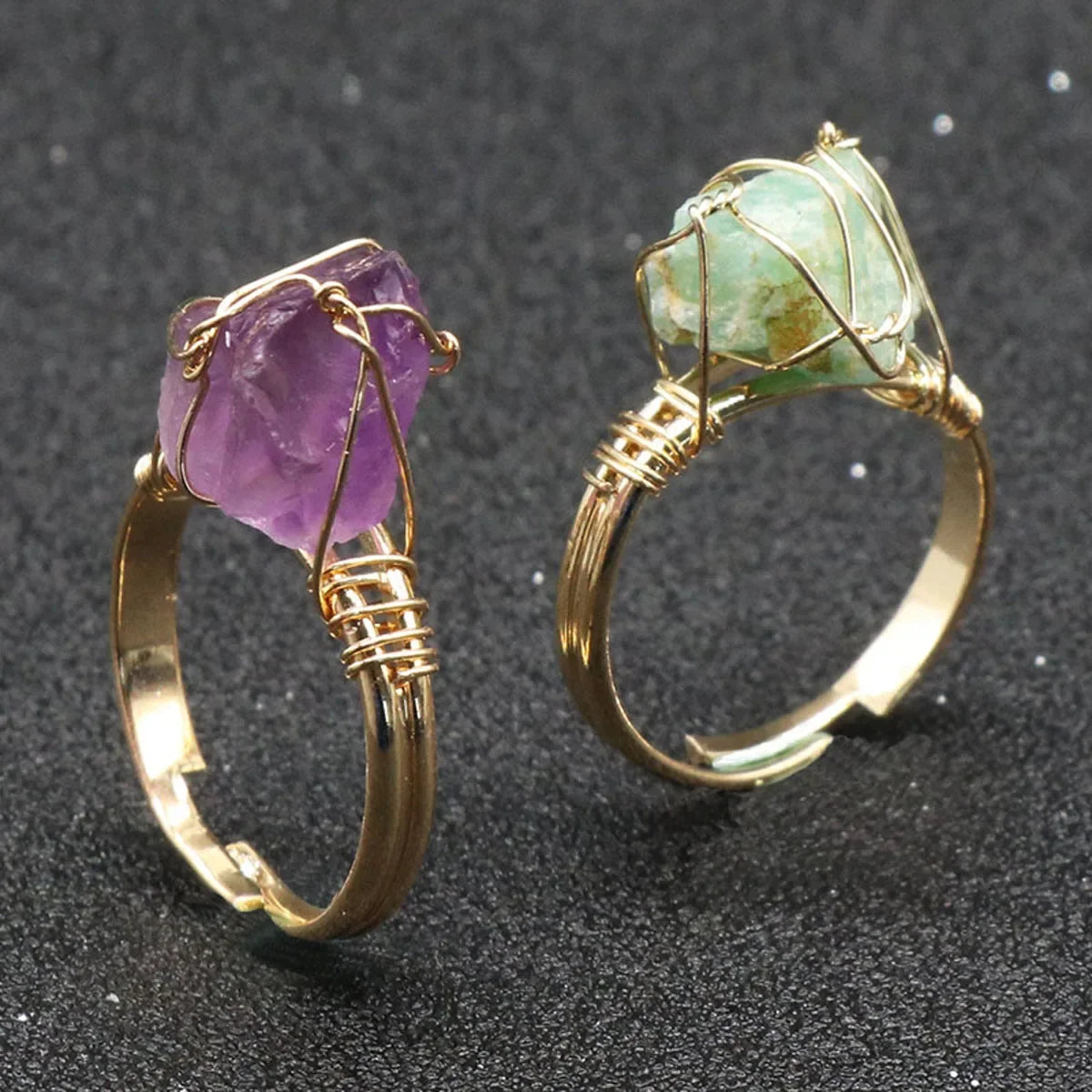 10-20mm Amethyst Rose Quartz Fluorite Natural Stone Irregular Gem Mineral Ring Jewelry Adjustable Hand Woven Ring