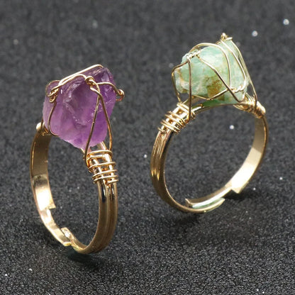 10-20mm Amethyst Rose Quartz Fluorite Natural Stone Irregular Gem Mineral Ring Jewelry Adjustable Hand Woven Ring