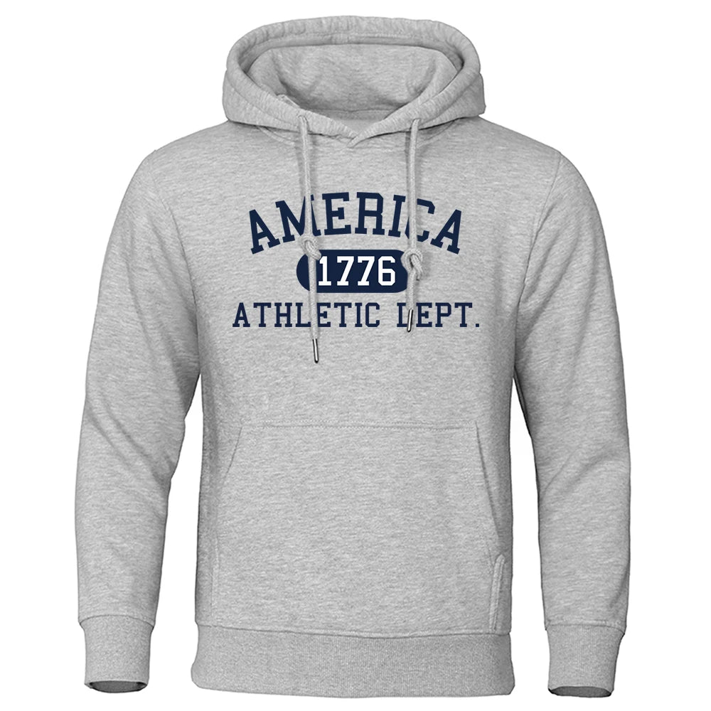America 1776 Athletic Dept Letter Print Mans Hoodies Pocket O-Neck Sweatshirt Autumn Soft Sweatshirt Casual Loose Man Clothing