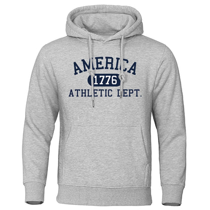 America 1776 Athletic Dept Letter Print Mans Hoodies Pocket O-Neck Sweatshirt Autumn Soft Sweatshirt Casual Loose Man Clothing