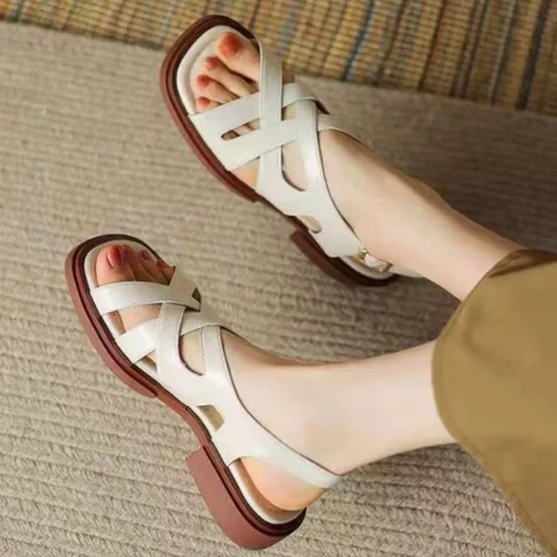 Smile Women Sandals Roman Retro Woven Fashion Sandals Spring New Rubber Low Heel Square Toe Beach Sandals Korean Version Sandals
