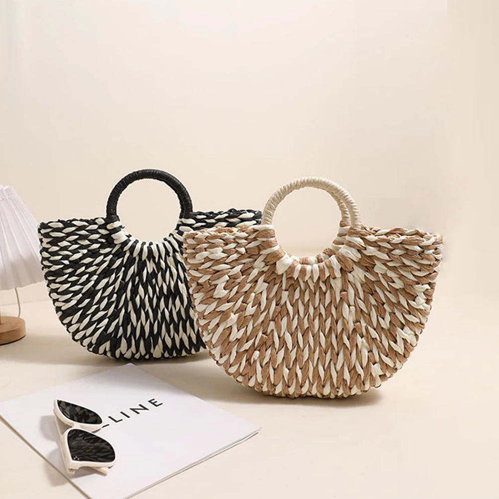 Women Straw Tote Handbag Large Capacity Half-Round Handbag Color Clash Semicircle Weaving Bag Summer Beach Handbag