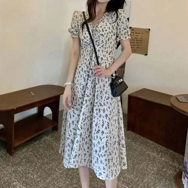 Elegant Floral Midi Dress for Women Korean Chic Printed V-neck Long Dress Female 2023 New Summer Short Sleeve Dresses
