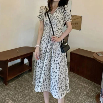 Elegant Floral Midi Dress for Women Korean Chic Printed V-neck Long Dress Female 2023 New Summer Short Sleeve Dresses