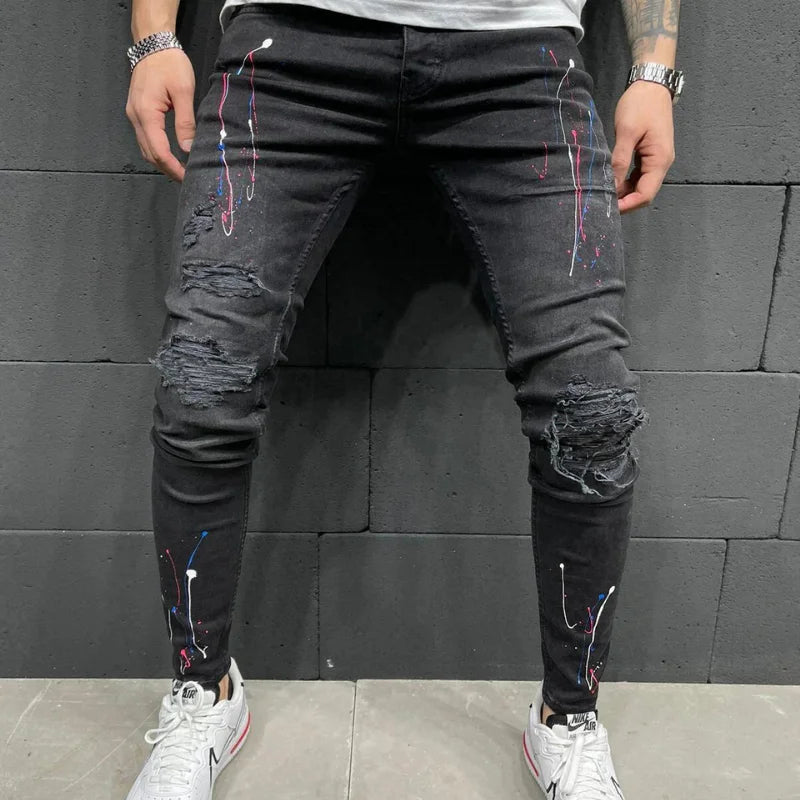 Mens Distressed Pleated Knee Patch Painted Stretch Skinny Jeans Ripped Denim Pants Brand Hip Hop Black Casual Trousers for men