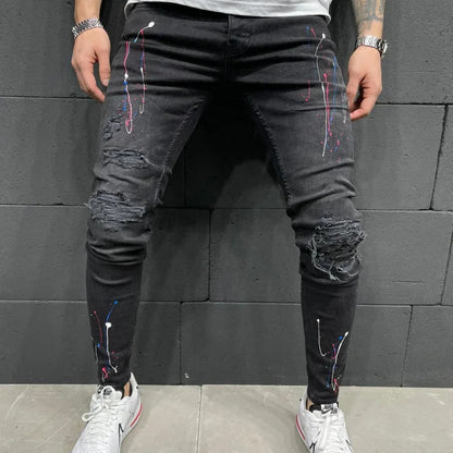 Mens Distressed Pleated Knee Patch Painted Stretch Skinny Jeans Ripped Denim Pants Brand Hip Hop Black Casual Trousers for men