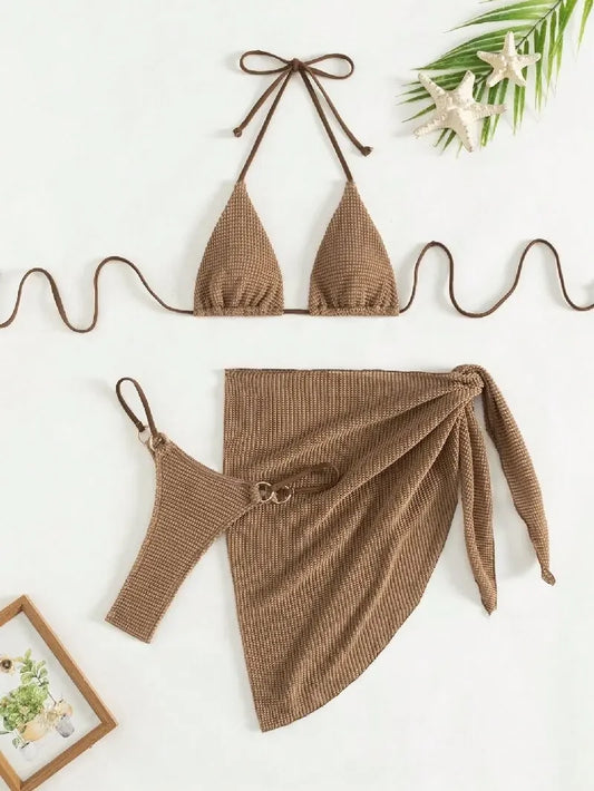 Sexy Brown Bikini Set 4 Women Halter Push Up Bra Skirt 3 Piece Swimsuit Summer Bathing Suit Cover Up Thong Swimwear Biquini