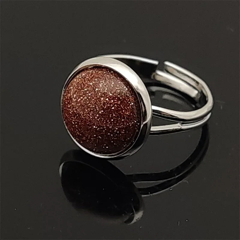 12mm Round Healing Natural Stone Ring Tiger Eye Opal Pink Crystal Adjustable Joint Ring for Women Jewelry