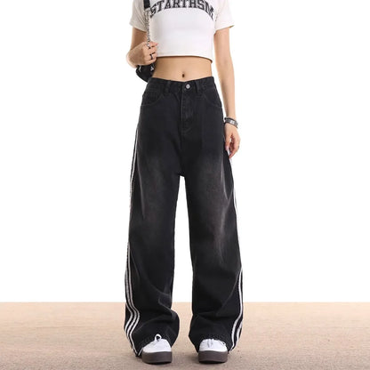 Vintage Striped Jeans Women's Loose-Fit American Style Spring Autumn New Straight-Leg Long Pants Trendy Brand Casual Wear