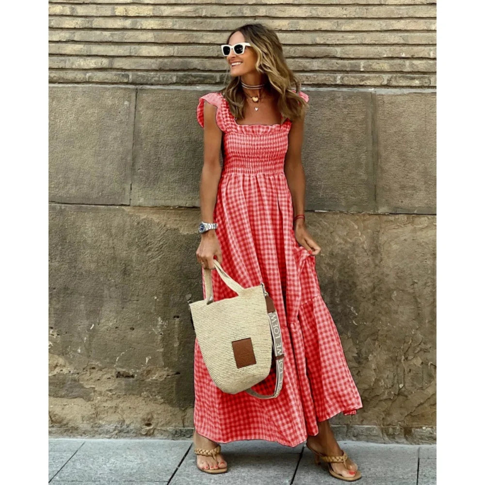 Luxury Ruffle Fly Sleeve Long Dress Square Neck Large Swing Plaid Party Evening Dress Casual Retro Beach Holiday Women's Clothes
