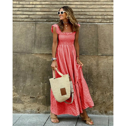 Luxury Ruffle Fly Sleeve Long Dress Square Neck Large Swing Plaid Party Evening Dress Casual Retro Beach Holiday Women's Clothes