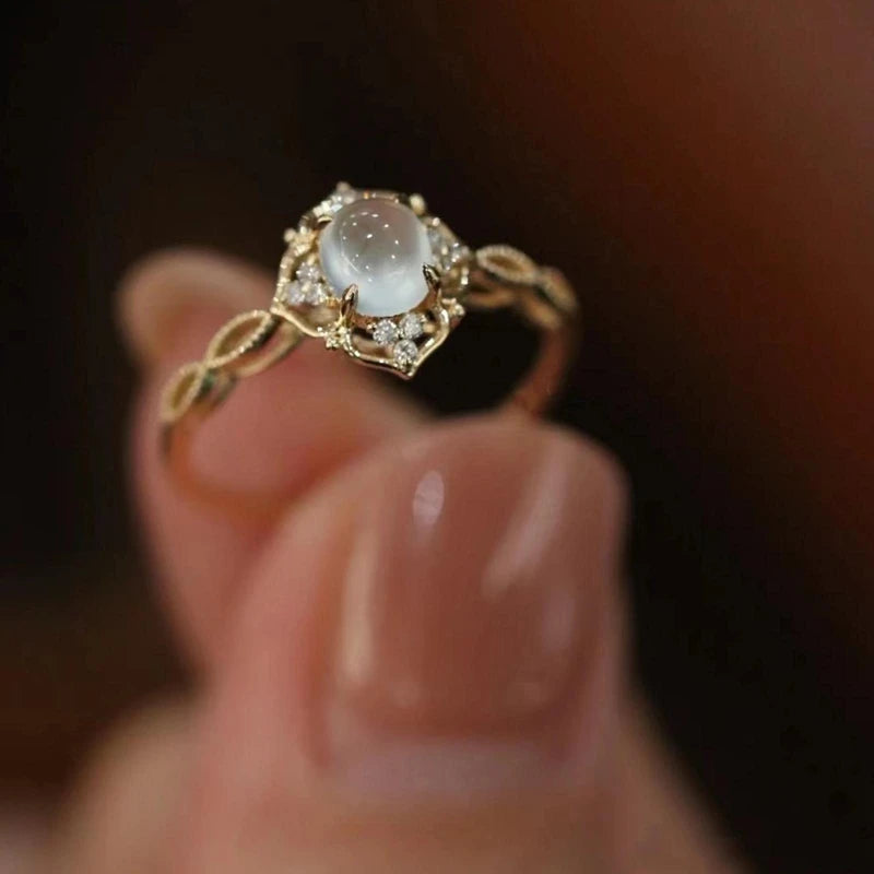 Gold Plated Moonstone Cats Eyes Ring For Women Fashion Luxury Geometric Design Trendy Jewelry