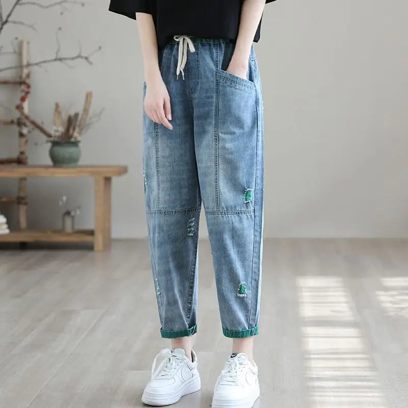 Retro Distressed Cropped Jeans Women Spring Summer Loose Slimming Elastic Waist Casual Harem Pants Thin Summer