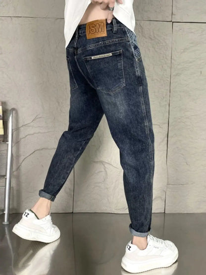 New Men's Luxury Loose Denim Jeans for Men Solid Vintage Washed Elastic Casual Pants Blue for Autumn Designer Baggy Trousers