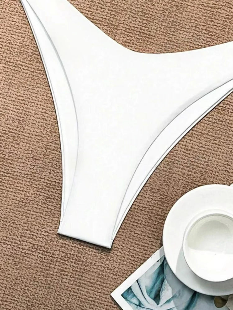 2025 Women White Bikini Chest Padded New Sexy Halter Bikini Two-Piece Set With Drawstring Straps Solid Brazilian Bathing Suit