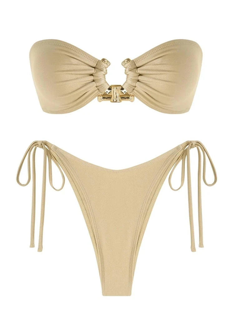 Solid O Ring  New Swimsuit For Women Tie Side Shiny Metal Hardware Ring Bandeau Bikini Swimwear Padded Bra Top Low Waisted