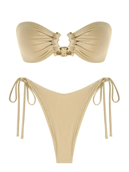 Solid O Ring  New Swimsuit For Women Tie Side Shiny Metal Hardware Ring Bandeau Bikini Swimwear Padded Bra Top Low Waisted