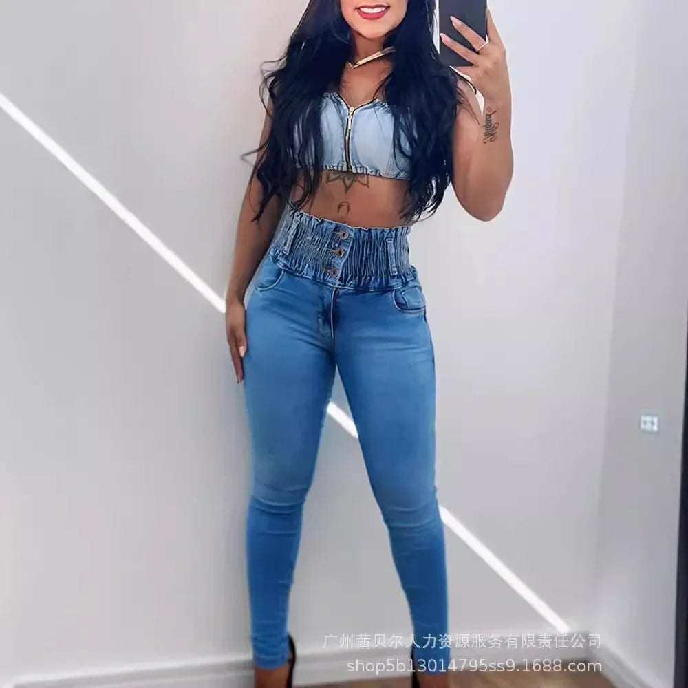 Stretchy Shirred High Waist Skinny Jeans Women Summer Sexy Slim Ankle Length Jeans Denim Pants